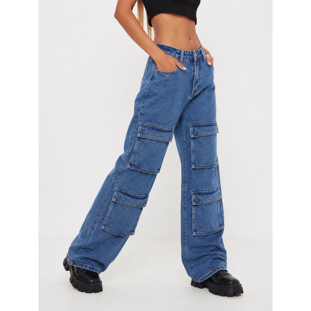 PrettyLittleThing Oversized Cargo Jeans Size 10 Baggy Wide Leg Y2K Utility Denim